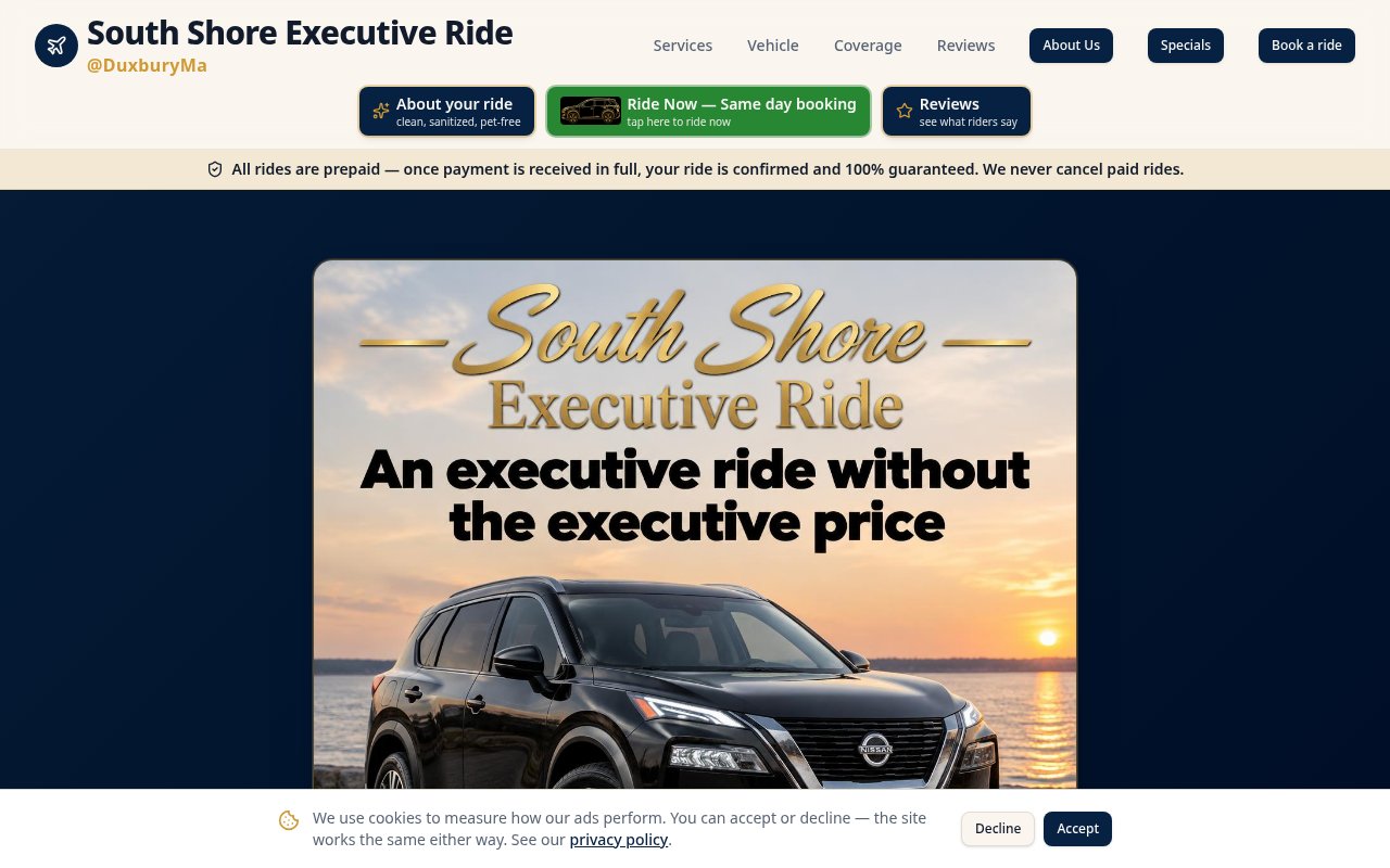 Homepage of South Shore Executive Ride, a website we built for a local ride service in Duxbury, MA