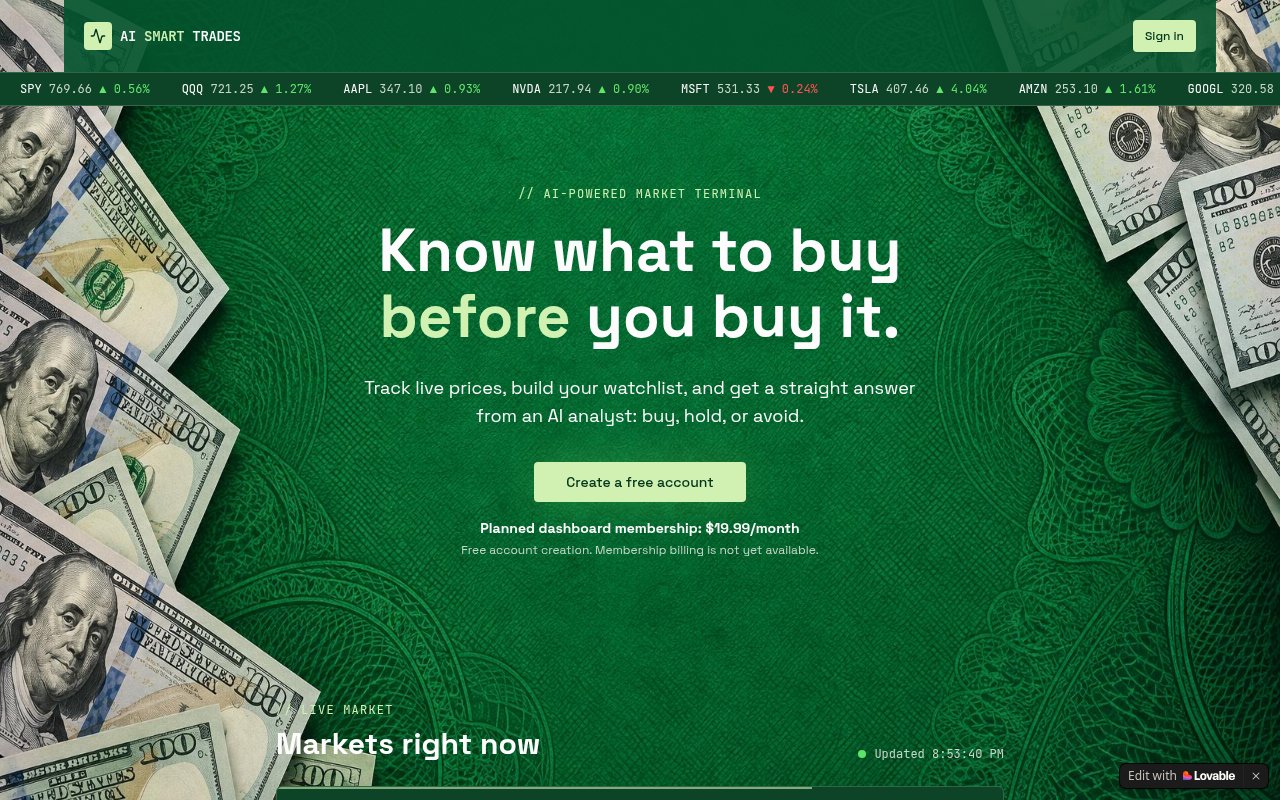 AI Smart Trades website with its market dashboard and green stock charts