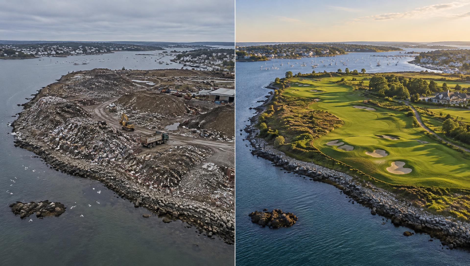 Aerial before-and-after of Scituate Harbor: the old town dump on the left, the beautiful golf course it became on the right