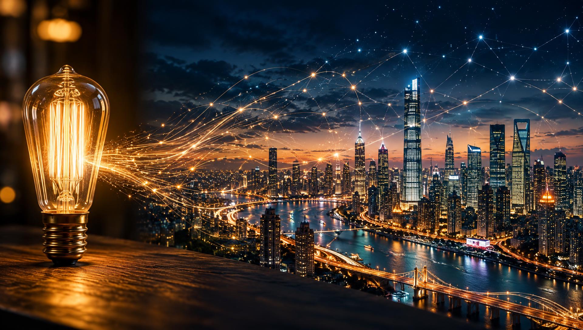 A single glowing lightbulb whose light grows into a networked city skyline and globe