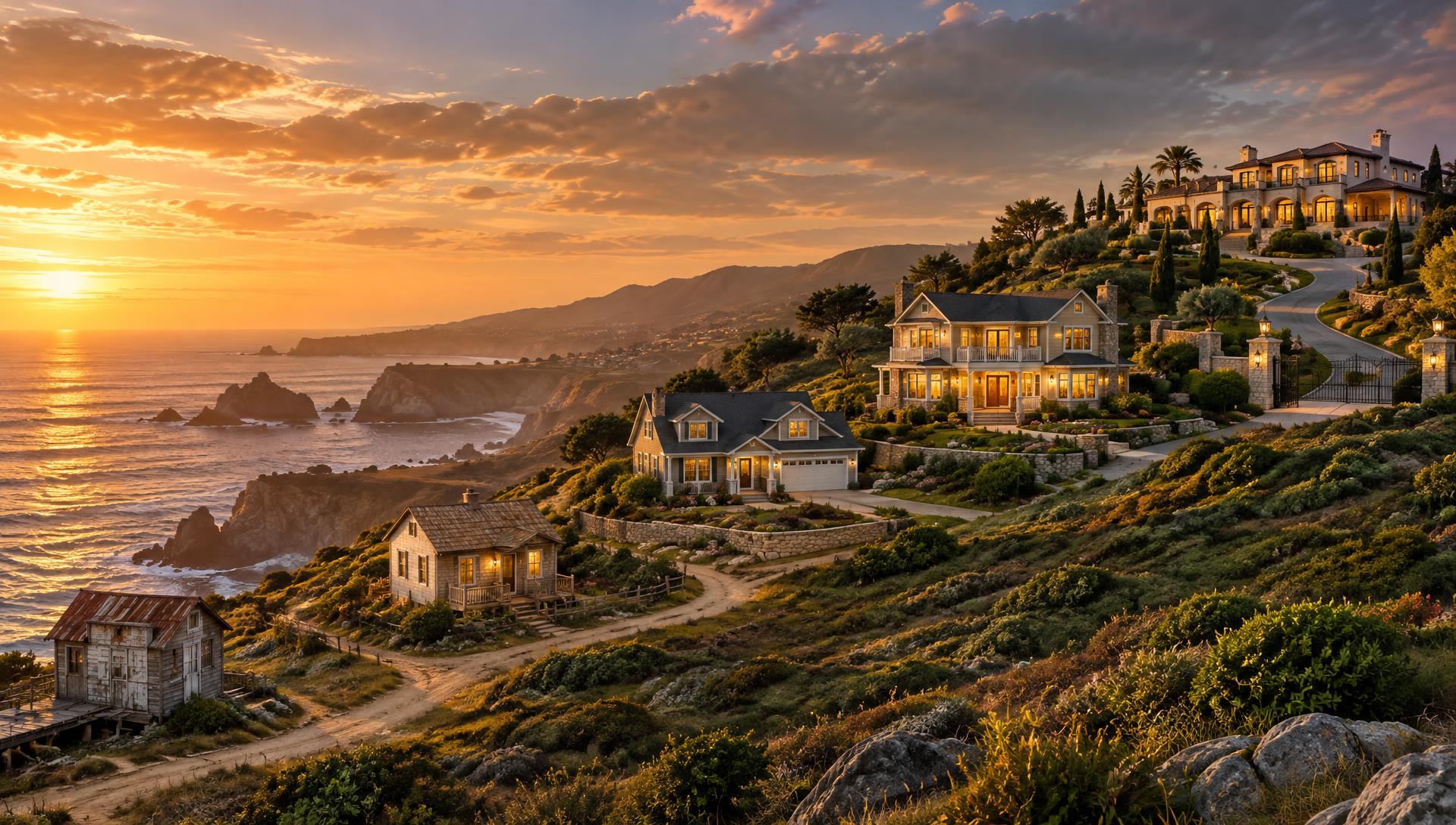 A progression of homes along a coastal hill, from a small wooden shanty up to a grand hilltop mansion